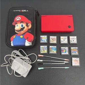 Nintendo DSi Red Bundle - 9 Games (Mario, Sonic) Mario Case, 4x Stylus, Charger